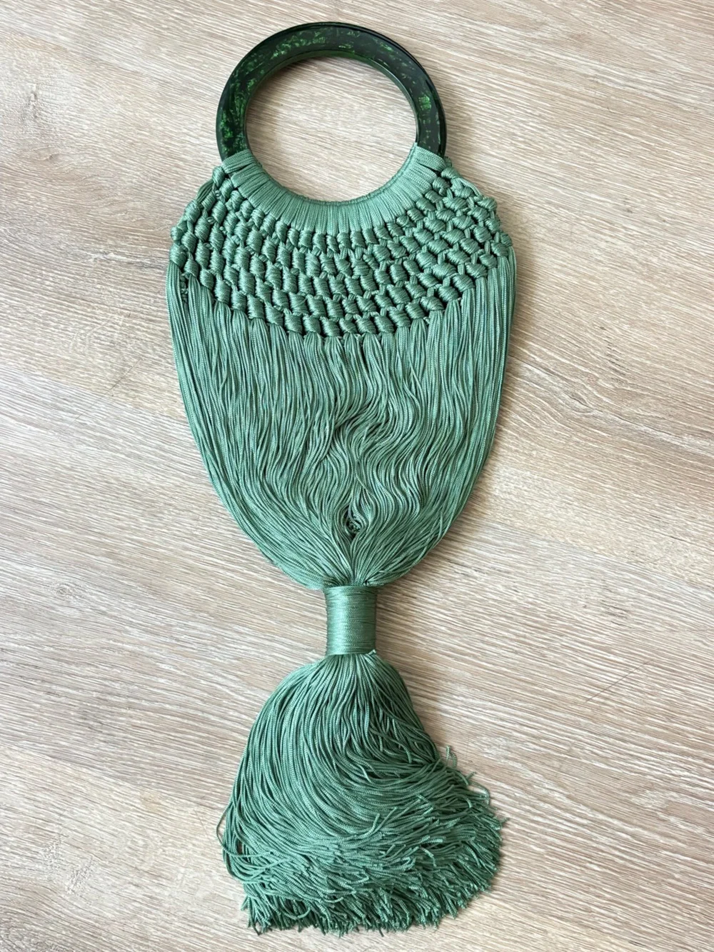 Cult Gaia Green Macrame Angelou Fringe Handbag with Ring Handle (rare) one size